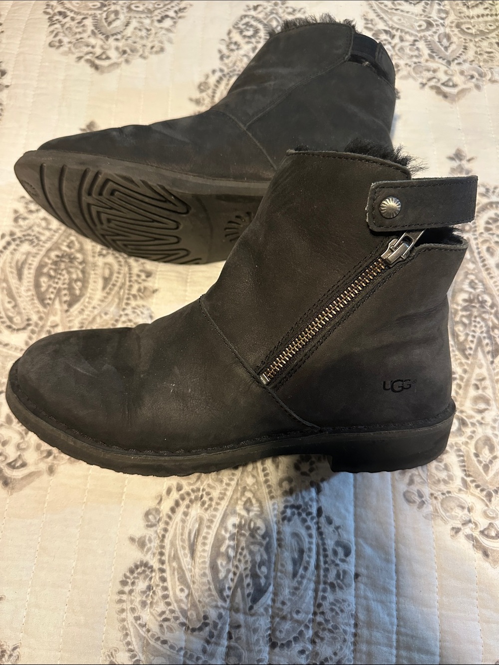 UGG Black Suede Side-Zip Ankle Booties with Snap Strap